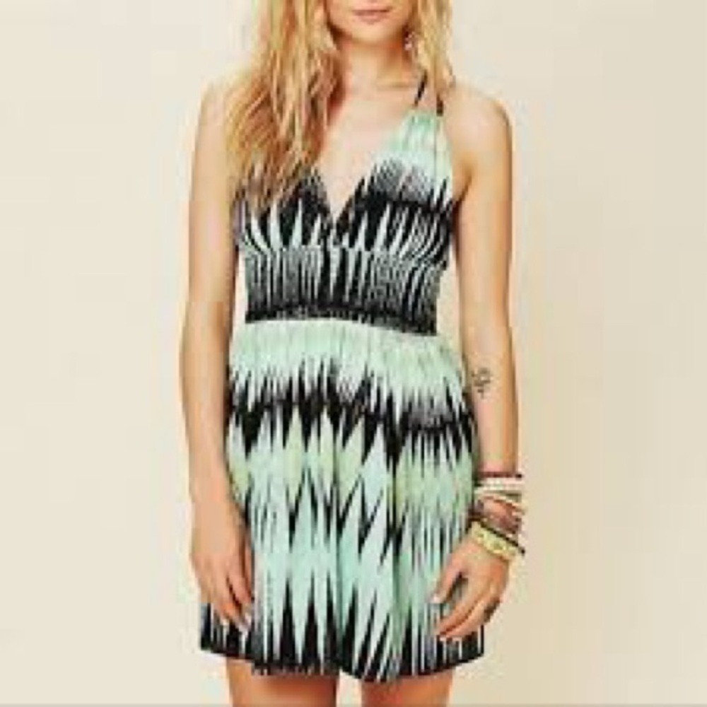 Free People Indian Summer Black and Green Mini Dress